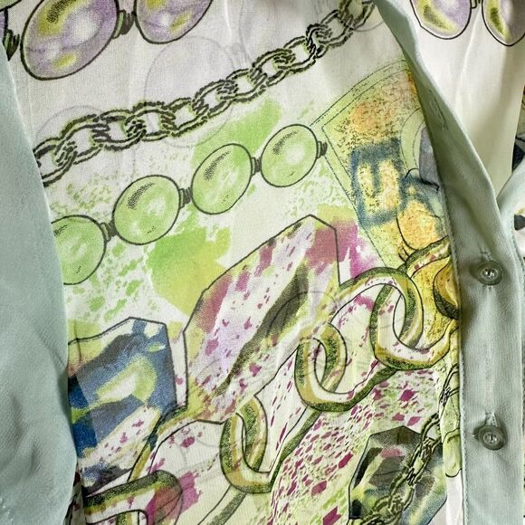 Vintage 90's Y2K Feline silk blend sheer button top green button up collar Small - Picture 7 of 13